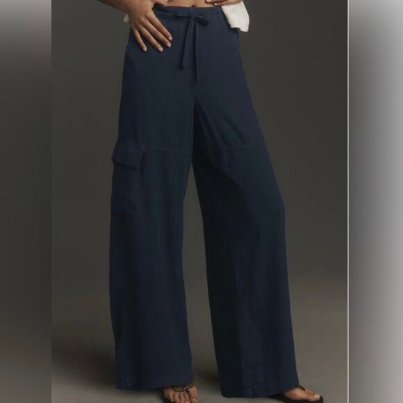 PILCRO x ANTHROPOLOGIE | Len Beach Cargo Pants Viscose Linen Navy Blue | 18W - Picture 2 of 8